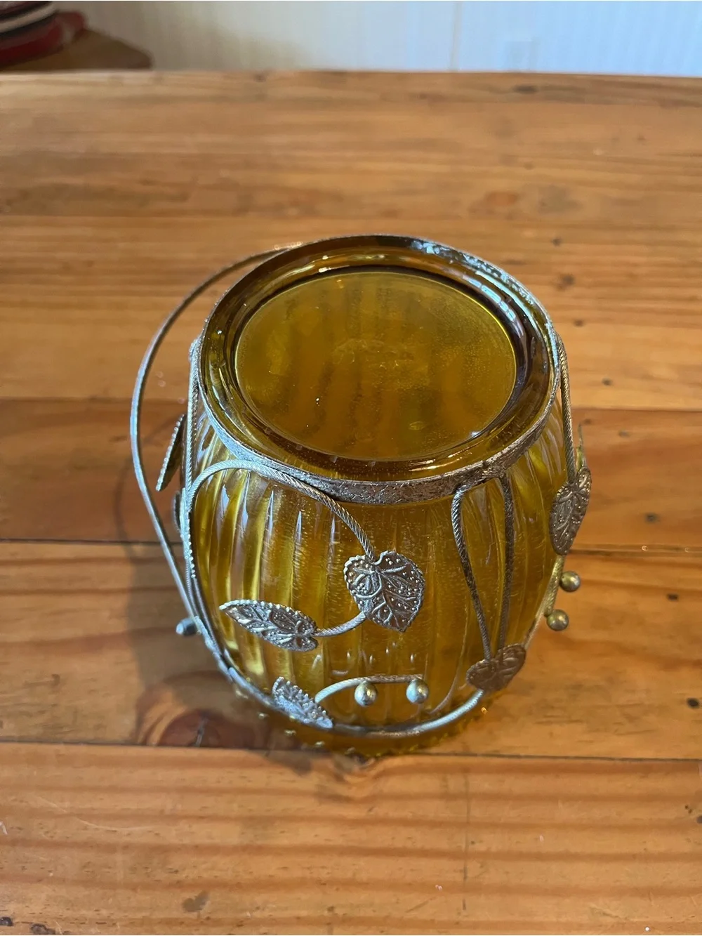 Vintage Amber Glass Ice Bucket with Caged Leaf and Handle